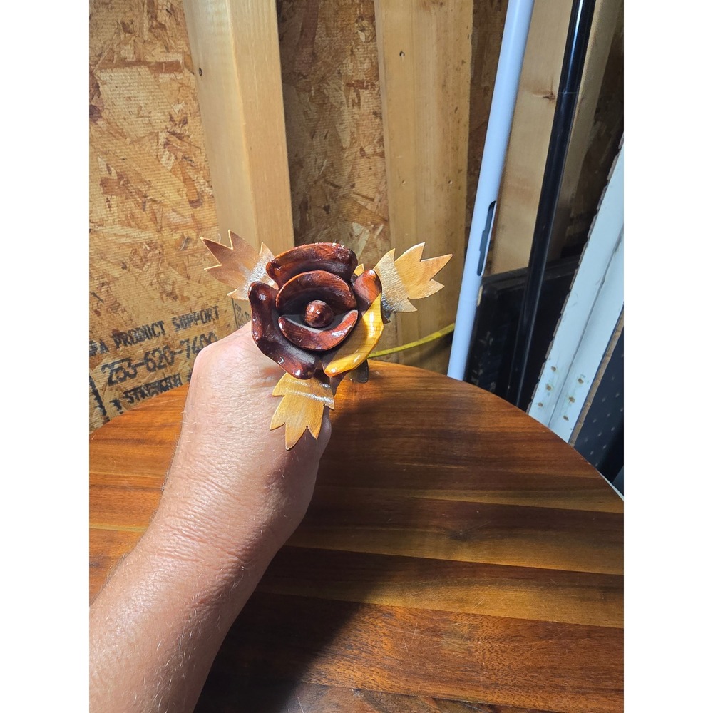 Hand Carved Wooden Rose Flower Long Stem Artisan Wood Sculpture 12 Inch
